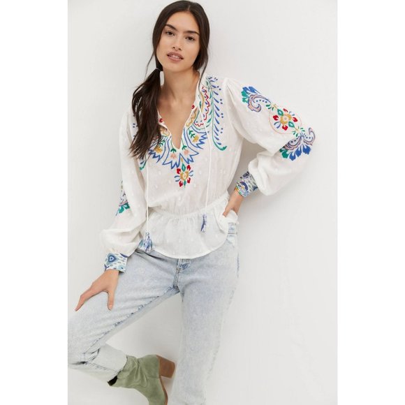 Anthropologie Forever That Girl Embroidered Peplum Blouse - Picture 2 of 15